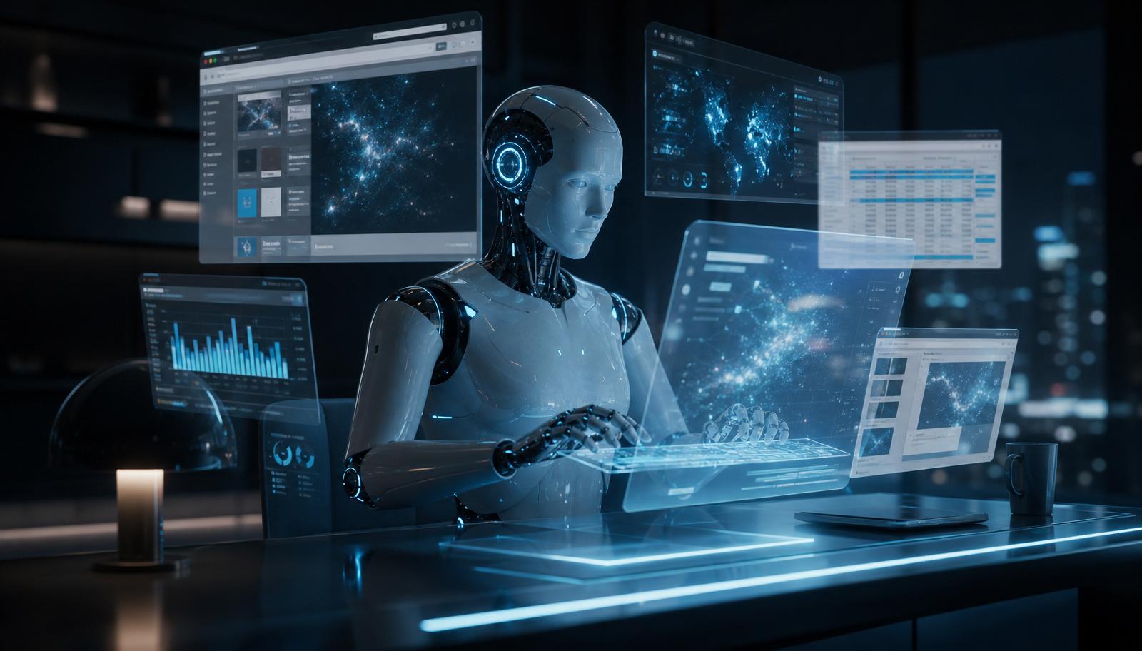 Humanoider KI-Agent bedient autonom einen virtuellen Computer mit holografischen Browser-Fenstern, Tabellen und Präsentationen