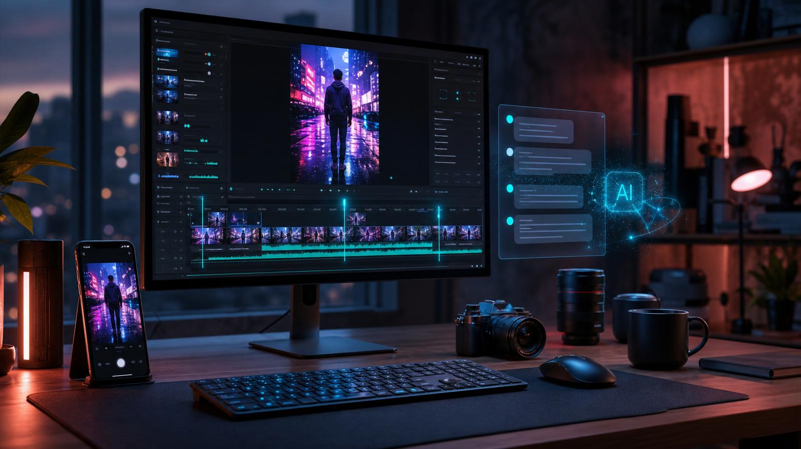 Kreativer Video-Editor-Arbeitsplatz mit vertikaler 9:16-Timeline auf dem Monitor, schwebendem KI-Chat-Panel und Smartphone-Vorschau eines Reels – Symbolbild für CapCuts KI-Features