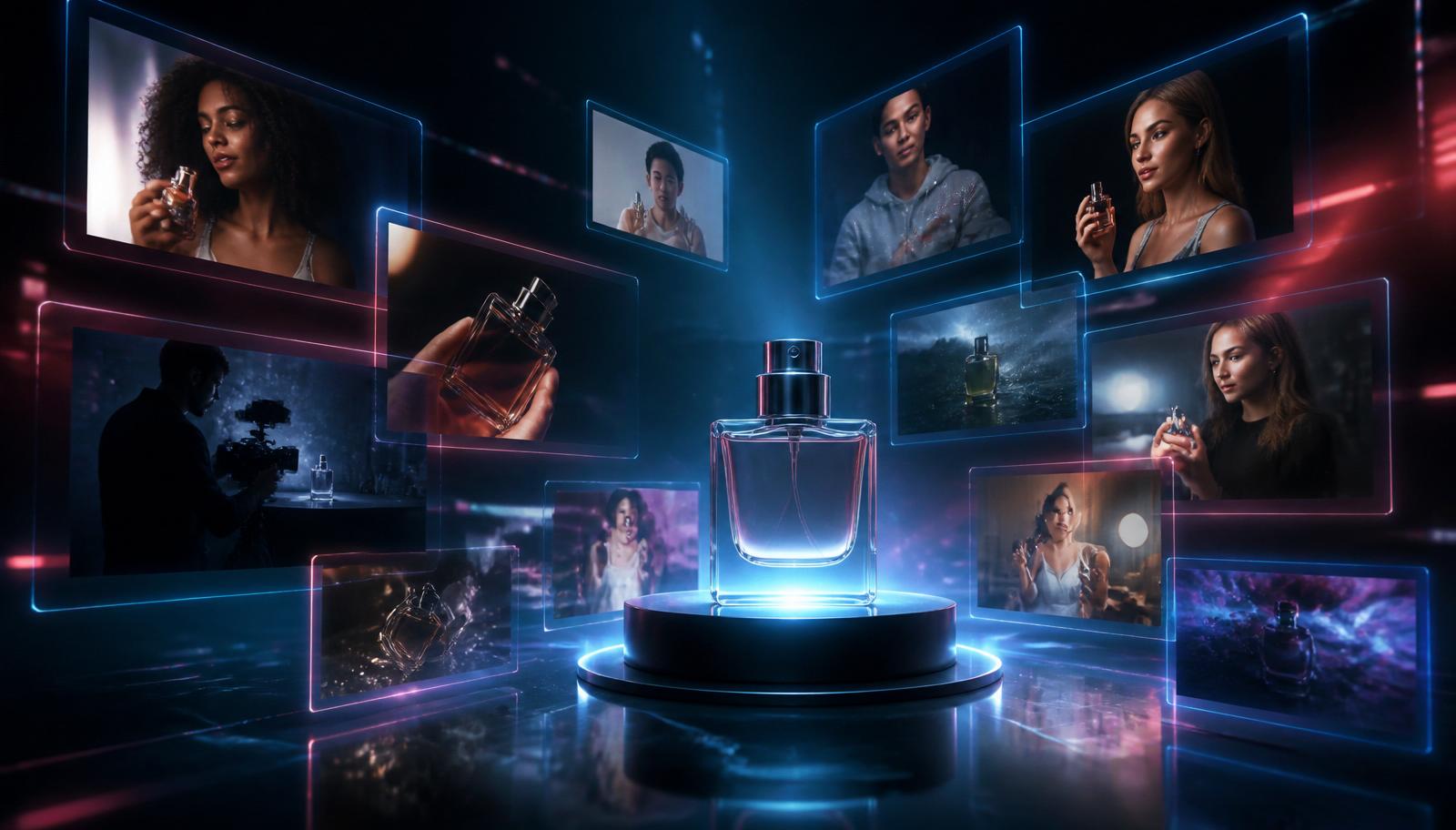 Glühender Produkt-Hero auf einer dunklen Studiobühne, umgeben von schwebenden Video-Frames mit UGC-Creators und cinematischen Shots – visualisiert das KI-Werbestudio Higgsfield Marketing Studio.