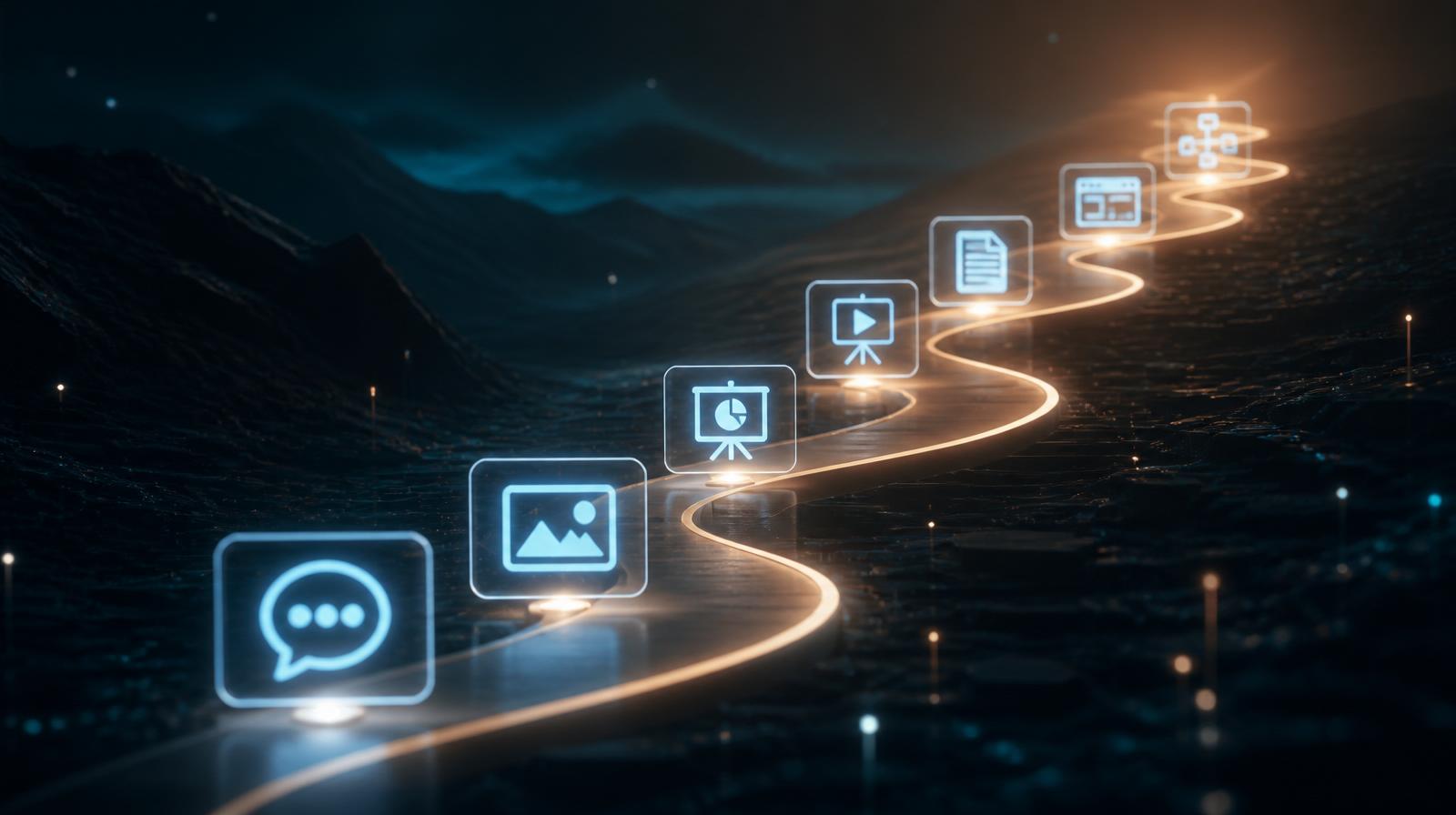 Cinematischer Lichtpfad durch eine dunkle Landschaft, gesäumt von schwebenden holografischen Icons für Chat, Bild, Präsentation, Dokument, Video, Website und Workflow – visualisiert einen Fahrplan durch die wichtigsten KI-Tools für Einsteiger.