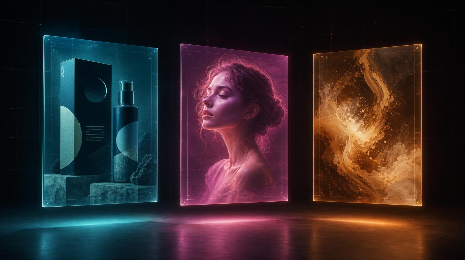 Drei leuchtende holografische Leinwände nebeneinander vor dunklem Studiohintergrund – die linke zeigt eine Produktverpackung mit Typografie, die mittlere ein natürlich wirkendes Porträt in warmem Magenta, die rechte einen künstlerischen Farbwirbel in Gold. Symbolbild für den Vergleich moderner KI-Bildgeneratoren.