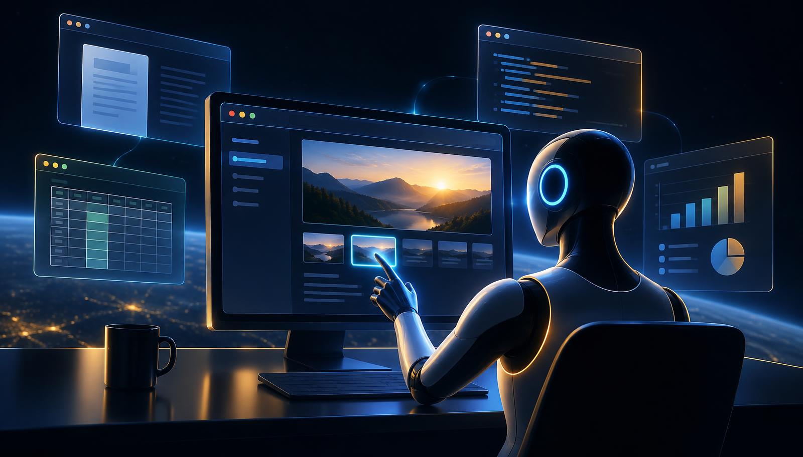 Humanoider KI-Agent steuert einen Desktop-Bildschirm mit schwebenden Browserfenstern, Tabellen und Diagrammen in dunklem Blau mit Cyan-Akzenten